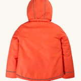 Back of the Frugi kids 3 in 1 rambler coat in fire upon a star. A orange waterproof coat with a thin reflective strip on the cuff hem and hood