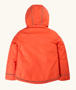 Back of the Frugi kids 3 in 1 rambler coat in fire upon a star. A orange waterproof coat with a thin reflective strip on the cuff hem and hood
