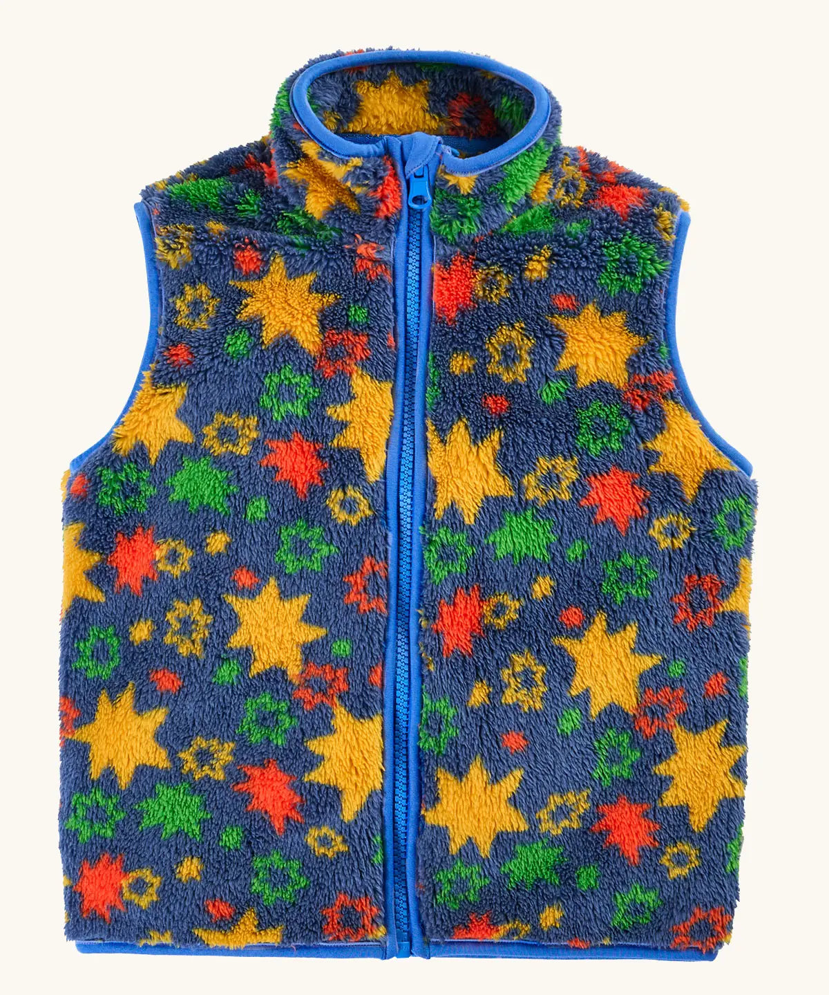 Navy fleeced gilet with stars from the Frugi rambler 3 in 1 coat. Features a full length zip