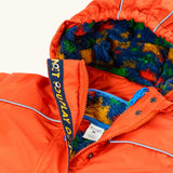 Frugi kids 3 in 1 rambler coat in fire upon a star laid flat showing the navy fleece with multicoloured stars inner lining on the hood