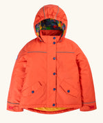Frugi kids 3 in 1 rambler coat in fire upon a star. A orange waterproof coat Features a removable hood and 2 side pockets and a fleece inner