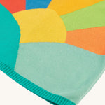A closer look at the sunrise on the back of the Frugi Reva Applique Cardigan - Navy Blue/Sunrise