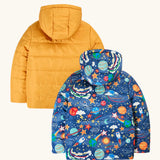 Back of the Frugi reversible toasty trail hooded jacket in explore the stars. A repeating outer space design and a yellow colour on the reverse side.