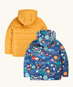 Back of the Frugi reversible toasty trail hooded jacket in explore the stars. A repeating outer space design and a yellow colour on the reverse side.