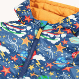 Frugi reversible toasty trail jacket in explore the stars laid flat showing the full length zipper 