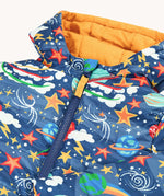 Frugi reversible toasty trail jacket in explore the stars laid flat showing the full length zipper 