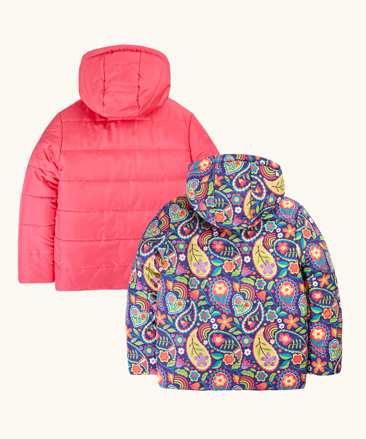 Back of the Frugi reversible hooded toasty trail jacket in pretty paisley. A repeating multicoloured paisley design and a pink colour on the reverse side.