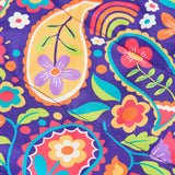 Frugi reversible toasty trail jacket in pretty paisley showing a close up of the repeating multicoloured paisley design on purple post consumer polyester material