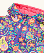 Frugi reversible toasty trail hooded jacket in pretty paisley showing the purple zip detail