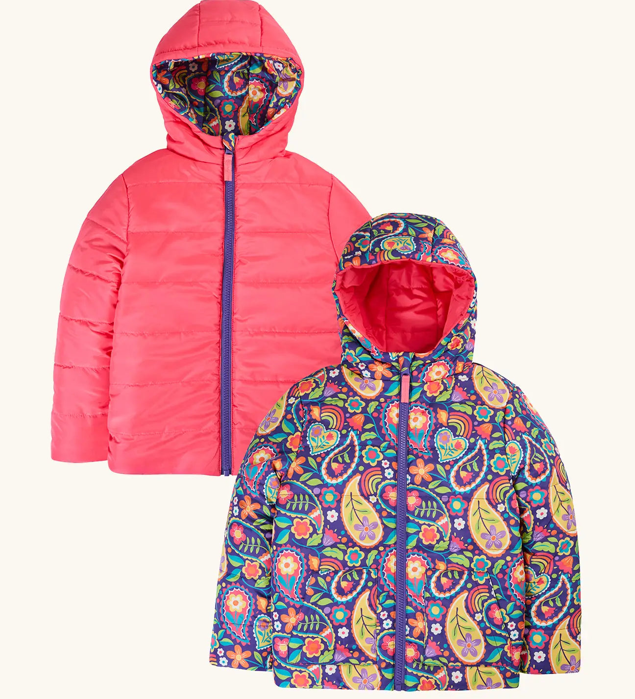 Frugi reversible toasty trail jacket in pretty paisley. A repeating multicoloured paisley design and a pink colour on the reverse side. Features a full length zip
