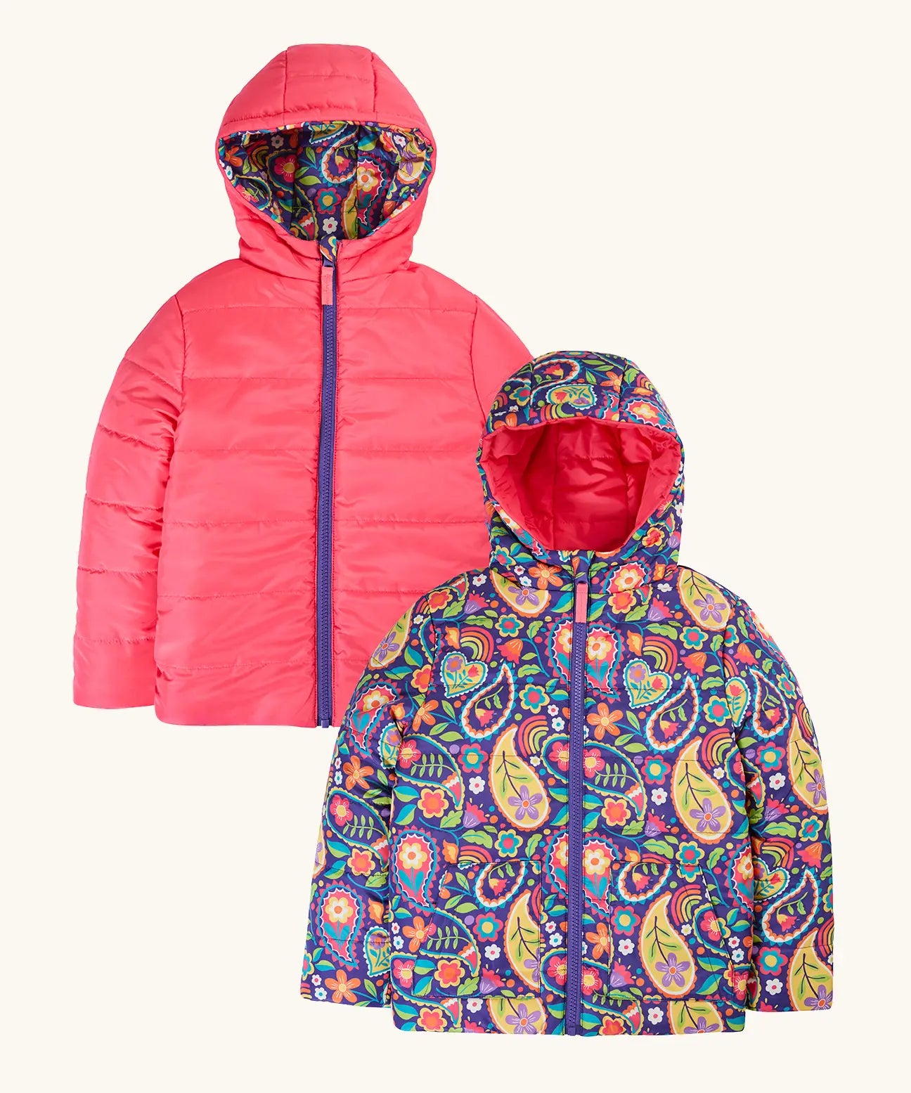 Frugi reversible toasty trail jacket in pretty paisley. A repeating multicoloured paisley design and a pink colour on the reverse side. Features a full length zip