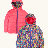 Frugi reversible toasty trail jacket in pretty paisley. A repeating multicoloured paisley design and a pink colour on the reverse side. Features a full length zip