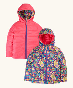 Frugi reversible toasty trail jacket in pretty paisley. A repeating multicoloured paisley design and a pink colour on the reverse side. Features a full length zip
