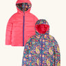 Frugi reversible toasty trail jacket in pretty paisley. A repeating multicoloured paisley design and a pink colour on the reverse side. Features a full length zip