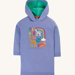Frugi Ria Hoodie Dress - Grape/Stay Wild. A beautiful, grape/lilac colour, hooded and long sleeve dress, with an applique giraffe, tiger and zebra with the words "Stay Wild" and a rainbow above them. The hood is also lined in a light green fabric.