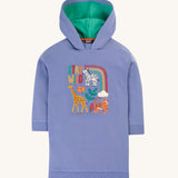 Frugi Ria Hoodie Dress - Grape/Stay Wild. A beautiful, grape/lilac colour, hooded and long sleeve dress, with an applique giraffe, tiger and zebra with the words "Stay Wild" and a rainbow above them. The hood is also lined in a light green fabric.