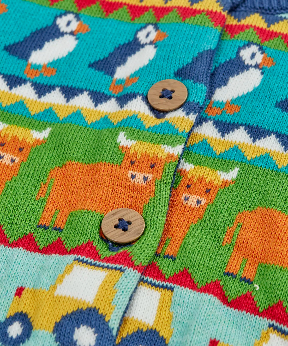 Frugi GOTS 100% organic cotton kids cardigan showing a close up of the highland  fairisle theme design and wooden buttons on the front