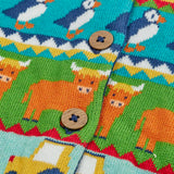 Frugi GOTS 100% organic cotton kids cardigan showing a close up of the highland  fairisle theme design and wooden buttons on the front