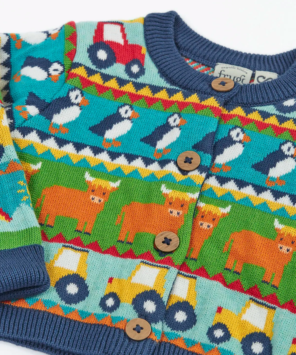 Frugi GOTS 100% organic cotton kids cardigan with a highland  fairisle theme design and wooden buttons on the front