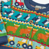 Frugi GOTS 100% organic cotton kids cardigan with a highland  fairisle theme design and wooden buttons on the front