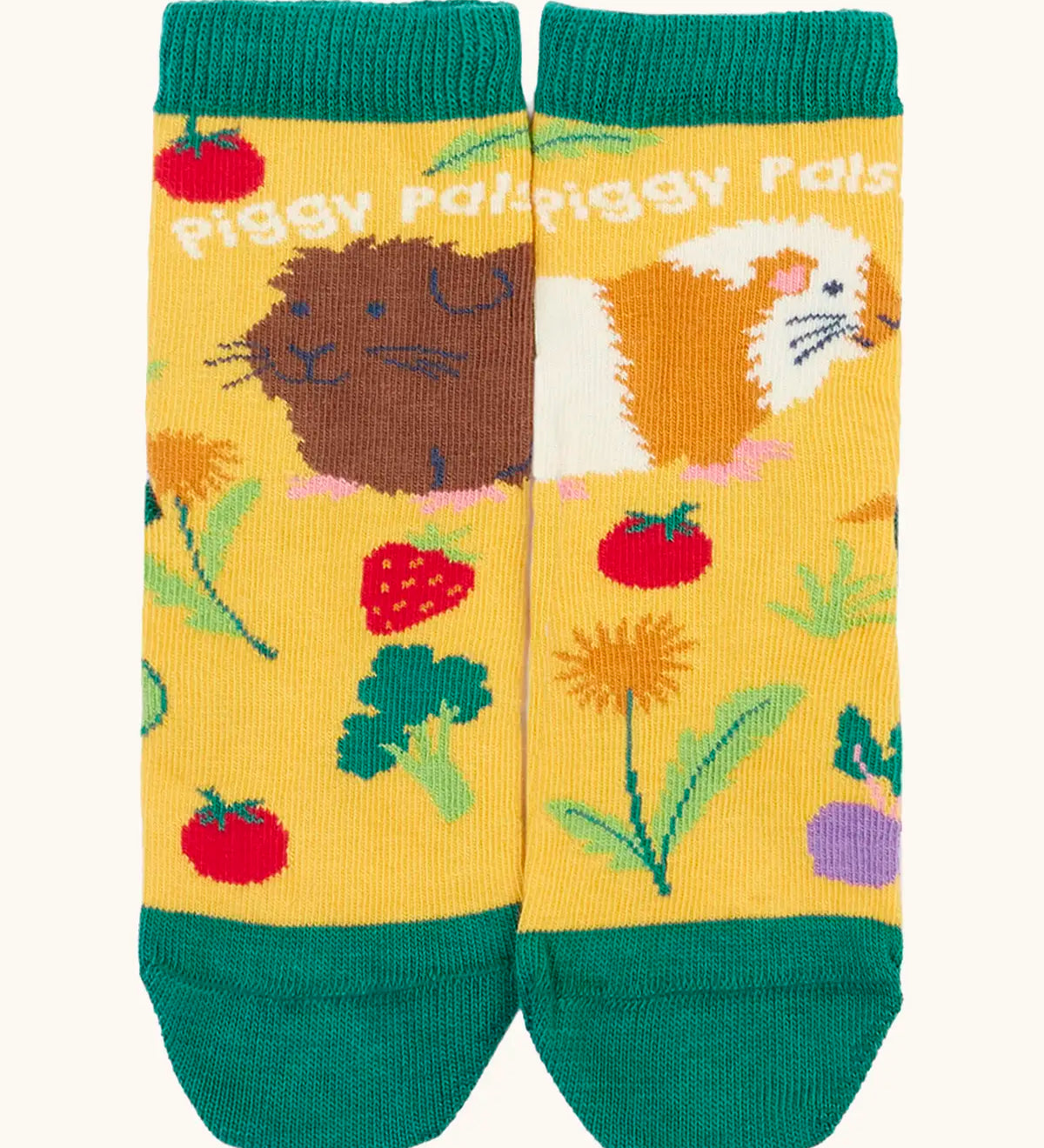 Frugi GOTS 100% organic cotton yellow sock with guinea pigs from the the animal pack finished with a comfy green ribbed cuff 
