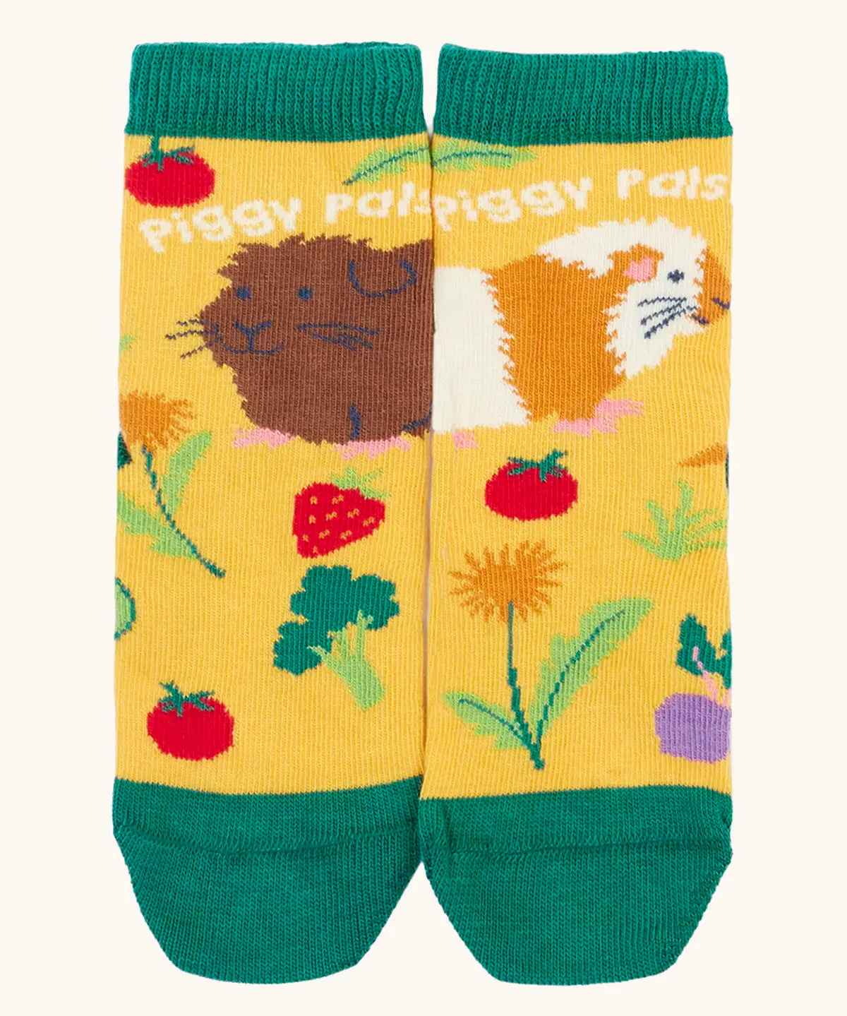 Frugi GOTS 100% organic cotton yellow sock with guinea pigs from the the animal pack finished with a comfy green ribbed cuff 