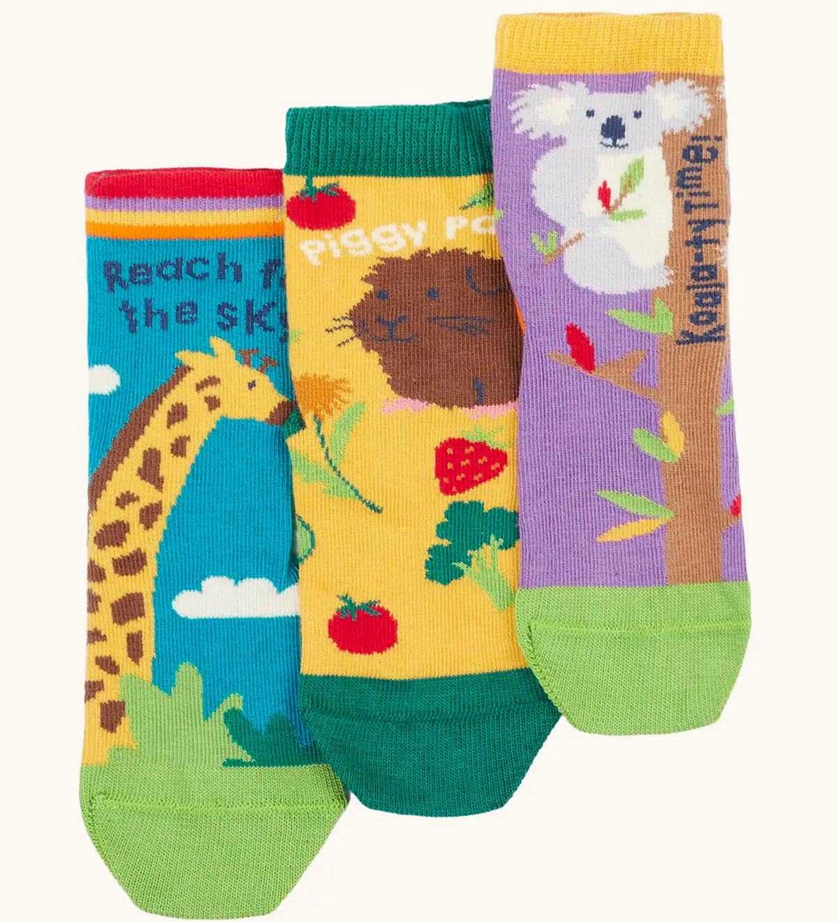 Frugi GOTS 100% organic cotton 3 pack socks including guinea pigs, giraffes, and koalas themes. Each pair is finished with comfy ribbed cuffs and a stretchy fit