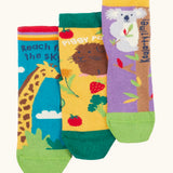 Frugi GOTS 100% organic cotton 3 pack socks including guinea pigs, giraffes, and koalas themes. Each pair is finished with comfy ribbed cuffs and a stretchy fit