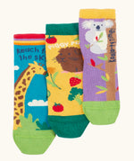 Frugi GOTS 100% organic cotton 3 pack socks including guinea pigs, giraffes, and koalas themes. Each pair is finished with comfy ribbed cuffs and a stretchy fit