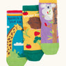 Frugi GOTS 100% organic cotton 3 pack socks including guinea pigs, giraffes, and koalas themes. Each pair is finished with comfy ribbed cuffs and a stretchy fit