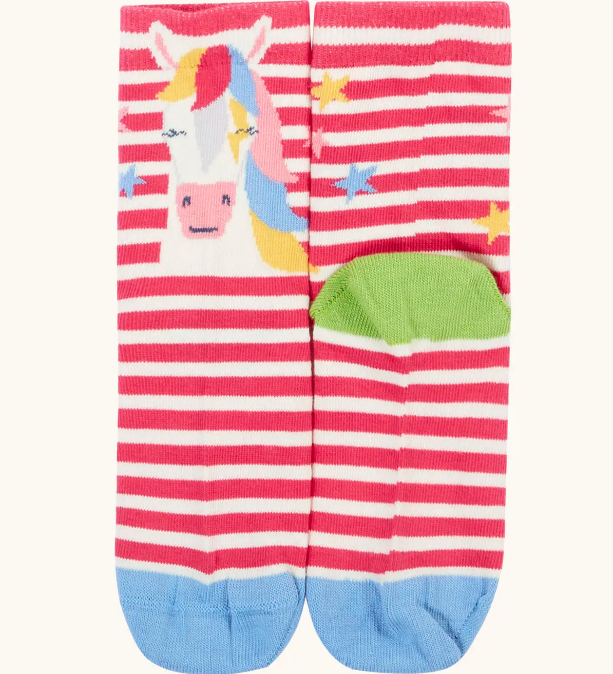 Frugi GOTS 100% organic cotton pink and white striped socks with a horse design finished with a ribbed cuff 