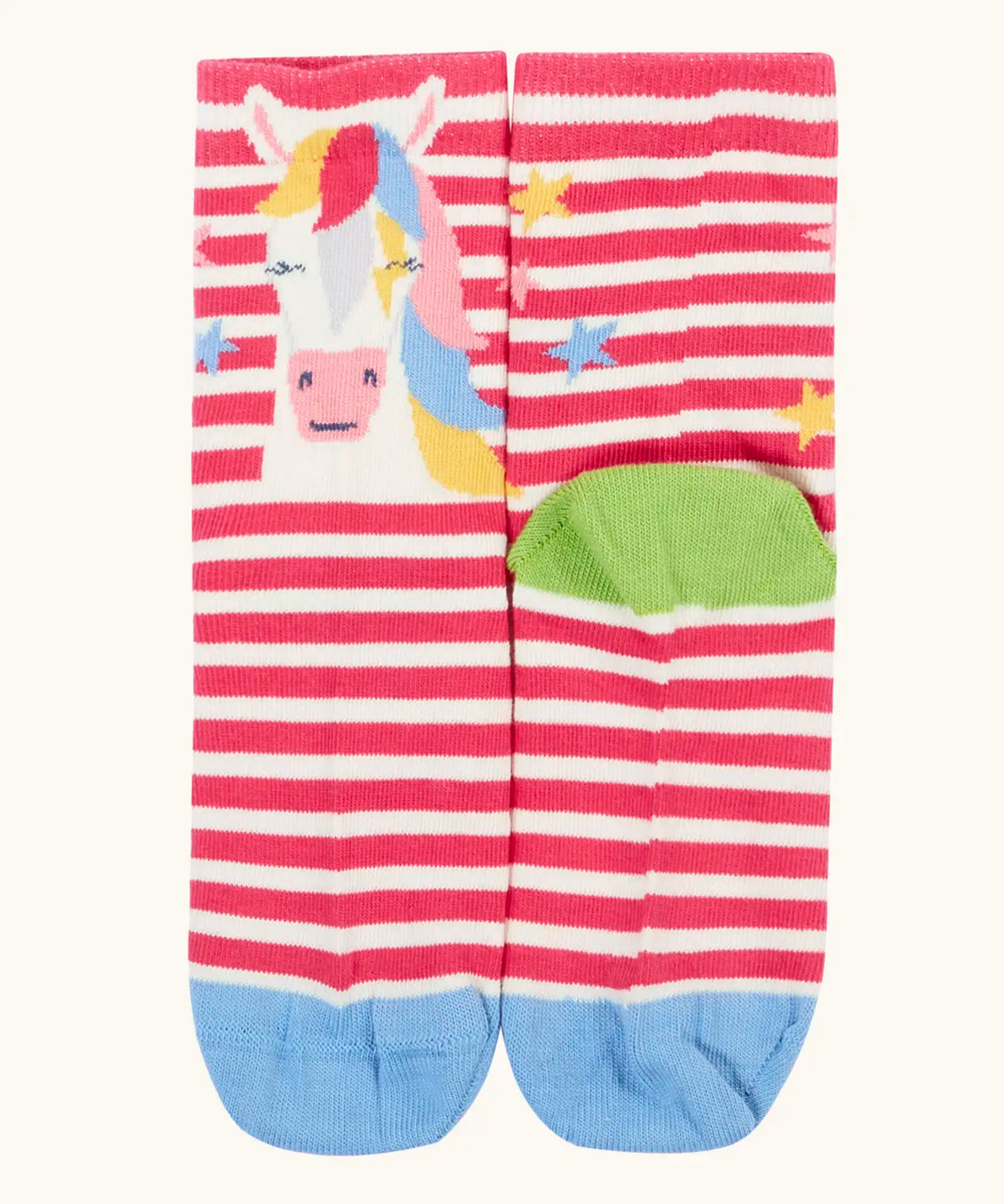 Frugi GOTS 100% organic cotton pink and white striped socks with a horse design finished with a ribbed cuff 