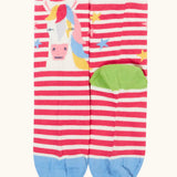 Frugi GOTS 100% organic cotton pink and white striped socks with a horse design finished with a ribbed cuff 