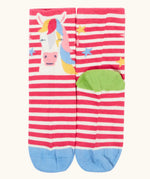 Frugi GOTS 100% organic cotton pink and white striped socks with a horse design finished with a ribbed cuff 