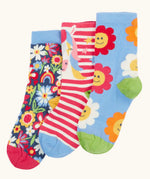 Frugi GOTS 100% organic cotton 3 pack socks in horses, sparkles, and flowers themes. Each pair is finished with comfy ribbed cuffs and a stretchy fit