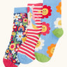 Frugi GOTS 100% organic cotton 3 pack socks in horses, sparkles, and flowers themes. Each pair is finished with comfy ribbed cuffs and a stretchy fit