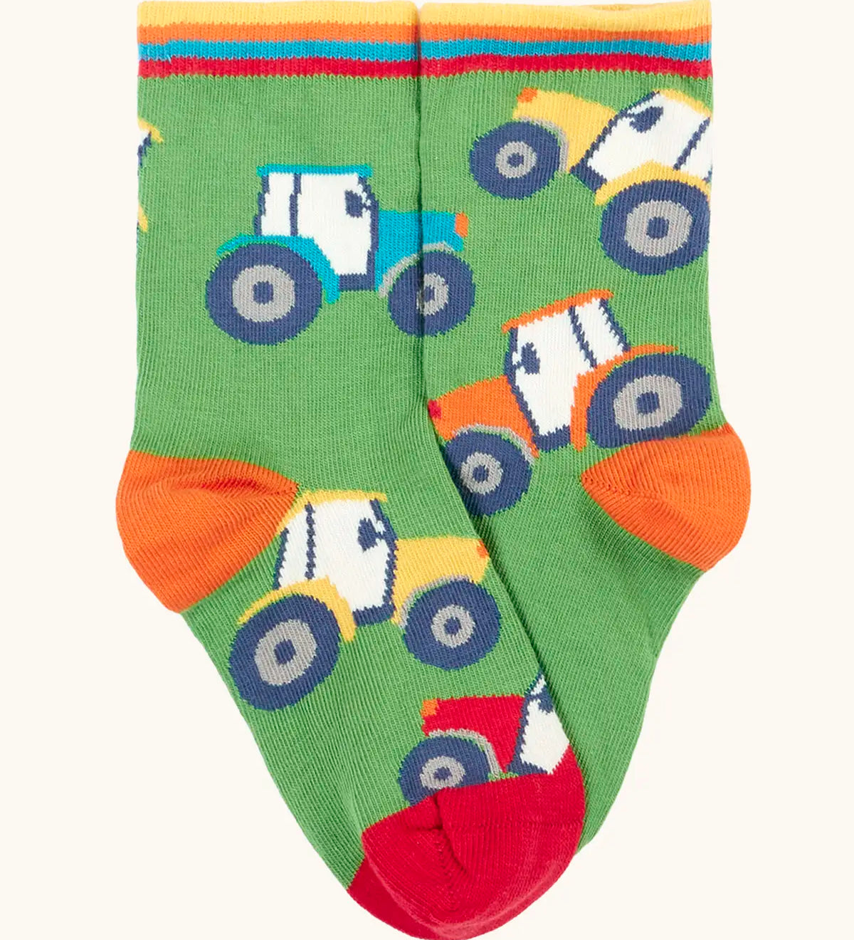 Frugi GOTS 100% organic cotton green sock with repeating tractor finished with comfy striped ribbed cuff 