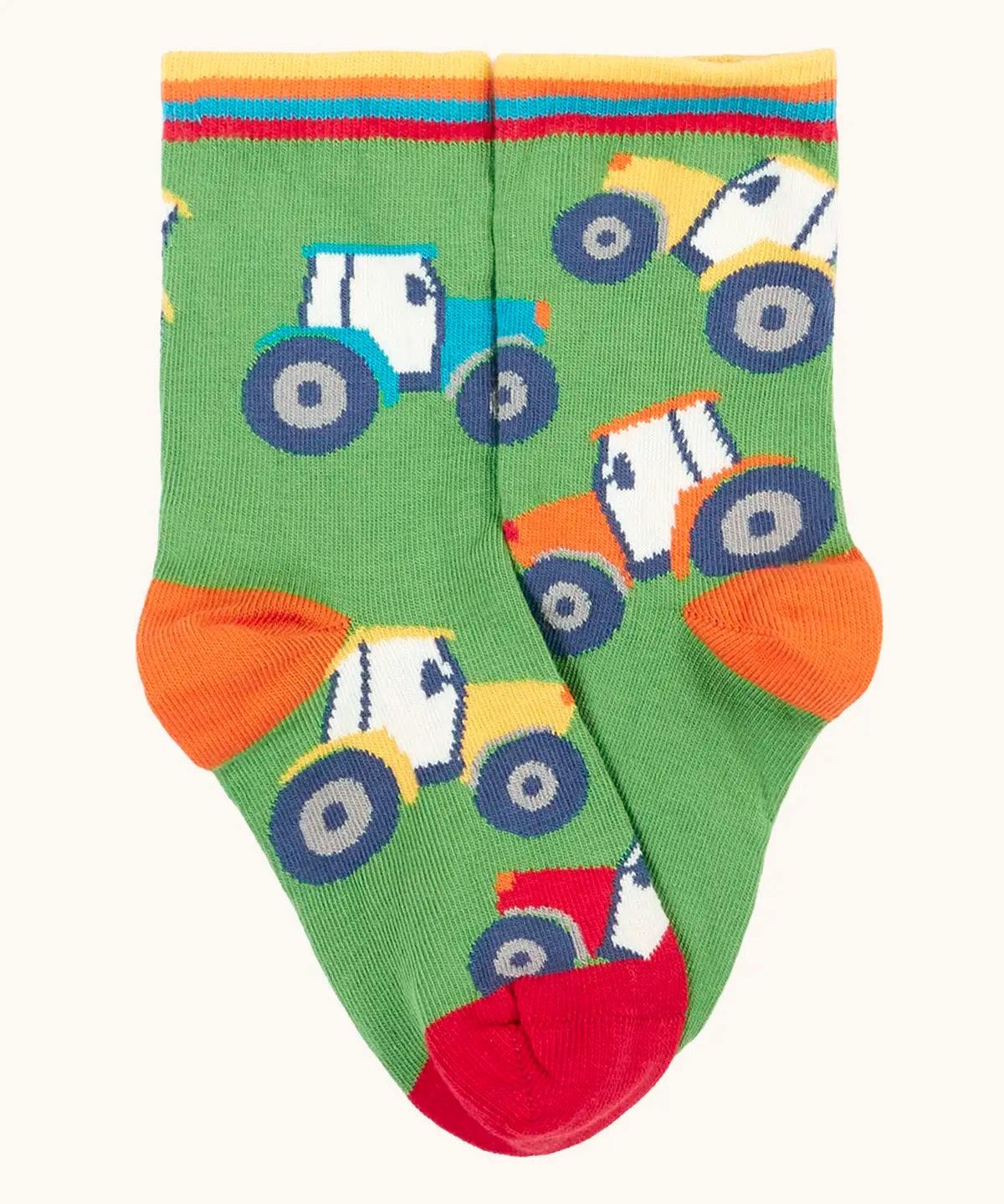 Frugi GOTS 100% organic cotton green sock with repeating tractor finished with comfy striped ribbed cuff 