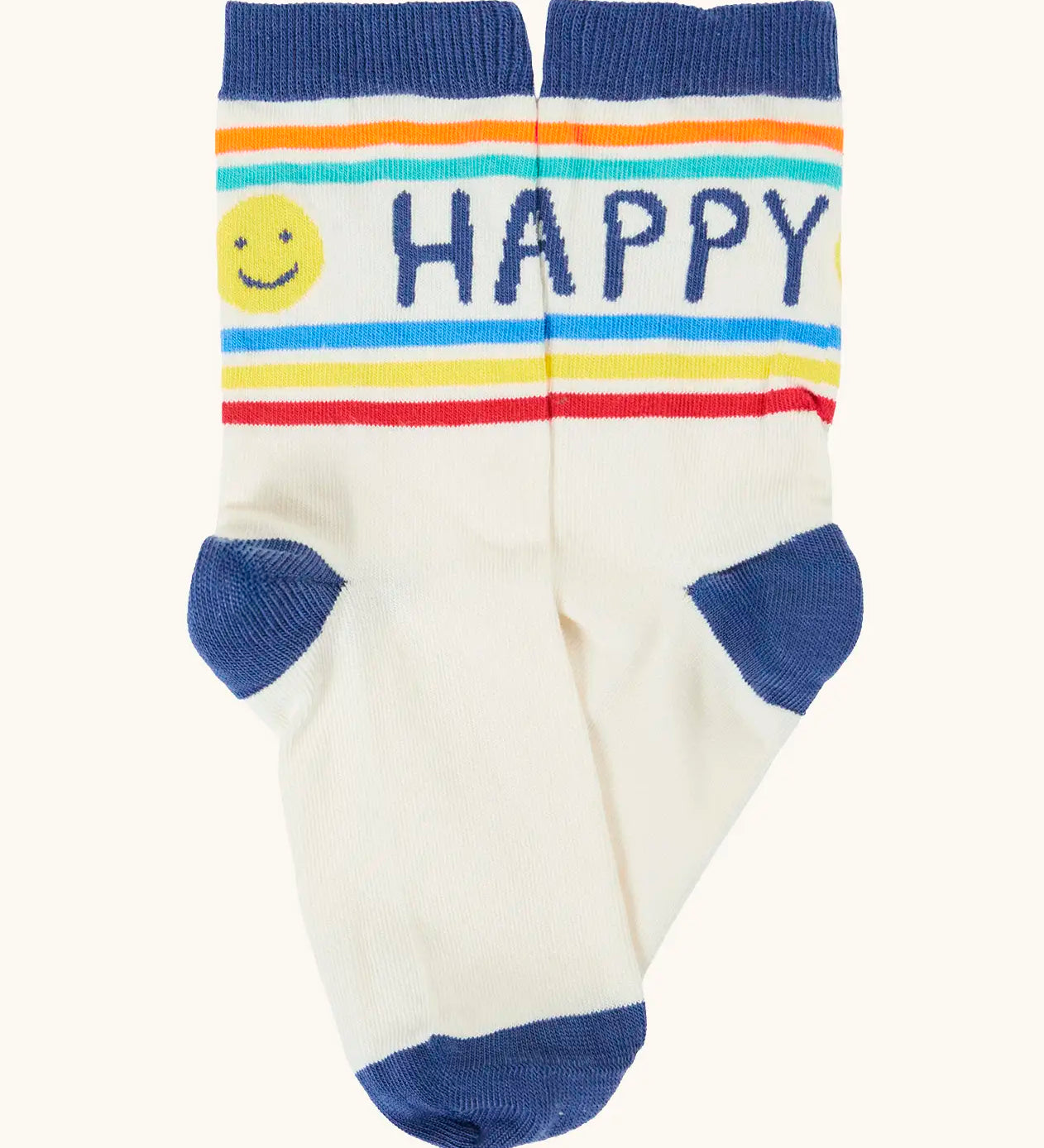 Frugi white with blue heel, toe and ankle trim organic cotton sock with 'Happy' slogan