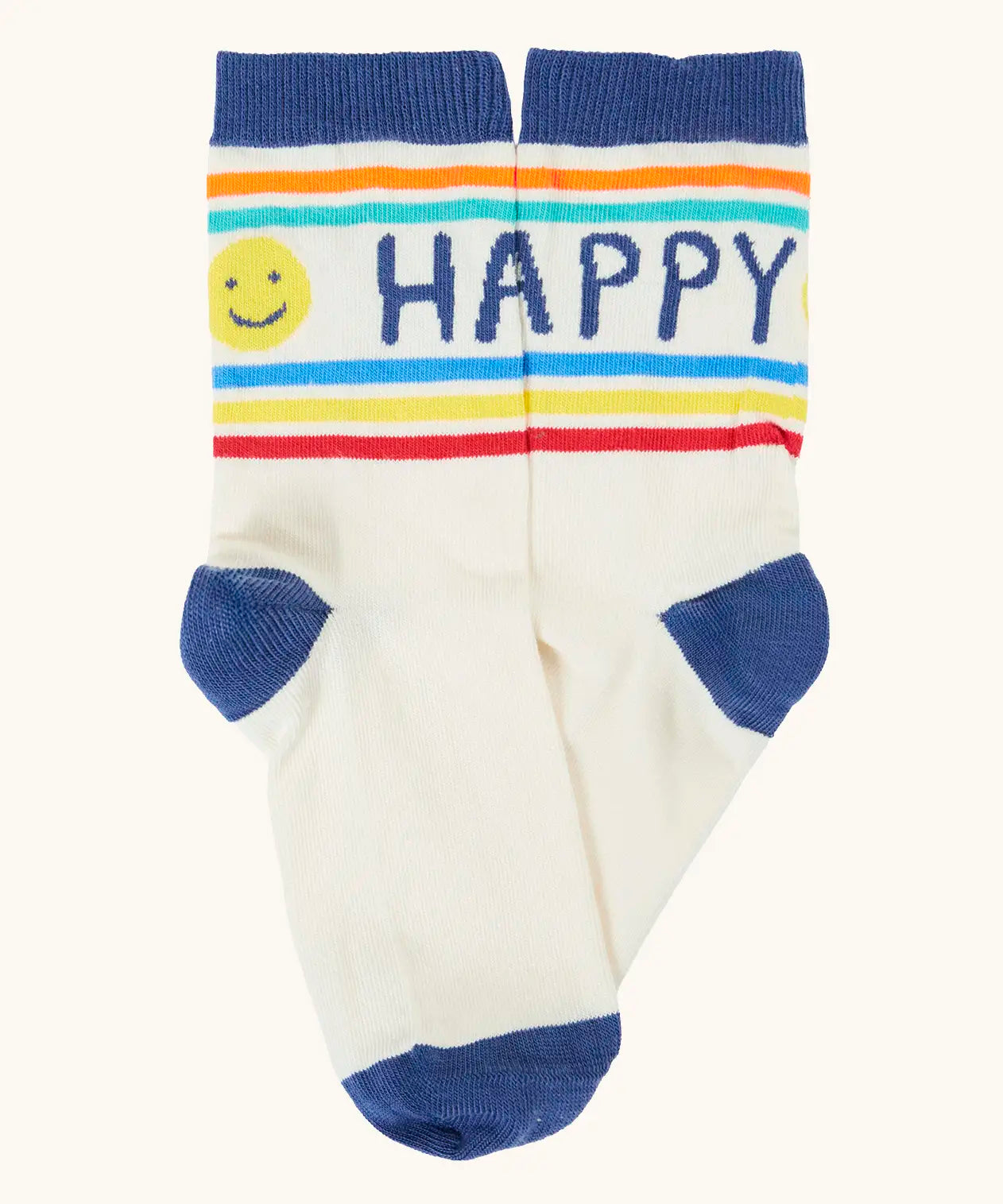 Frugi white with blue heel, toe and ankle trim organic cotton sock with 'Happy' slogan