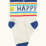 Frugi white with blue heel, toe and ankle trim organic cotton sock with 'Happy' slogan