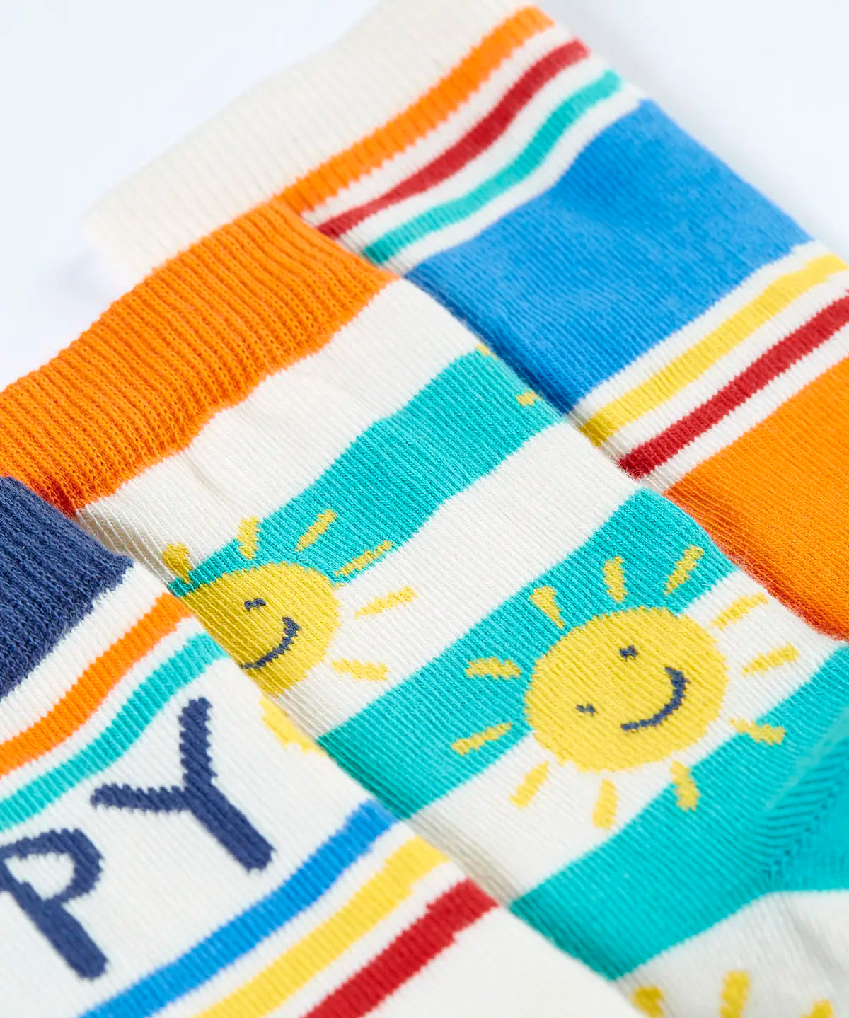 Frugi rock my socks 3 pack in Summer inspired colours and designs laid flat showing elasticated ankle cuff