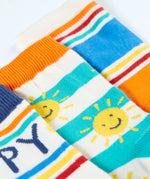 Frugi rock my socks 3 pack in Summer inspired colours and designs laid flat showing elasticated ankle cuff