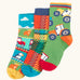 Frugi GOTS 100% organic cotton 3 pack socks including Scottish farm, highland cows and tartan themes. Each pair is finished with comfy ribbed cuffs and a stretchy fit