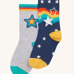 This 2-pack of Rock My Socks from Frugi are made with soft organic cotton and a touch of stretchy elastane to help them last longer. In Stars Multipack designs, these rib top socks have contrasting coloured cuffs, heels and toes.