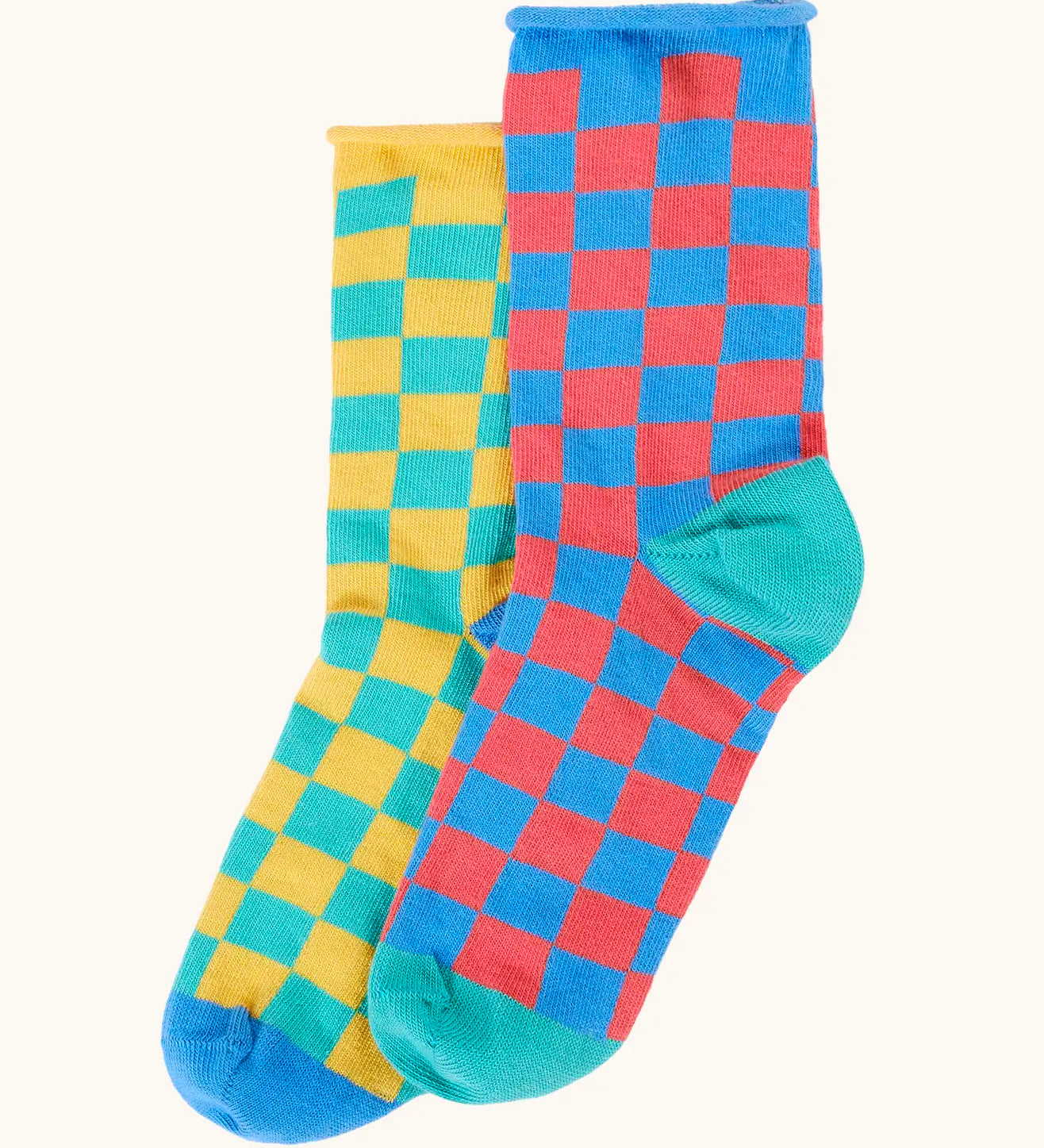 Pair of Frugi bamboo socks in a coloured chequered design and rolled edge cuff