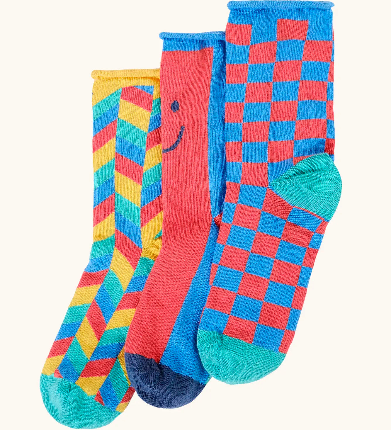 Frugi Roly bamboo 3 pack socks in coloured patchwork designs