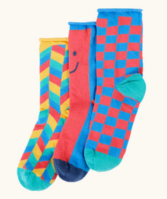 Frugi Roly bamboo 3 pack socks in coloured patchwork designs