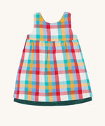 The rainbow check side of the Frugi Rosalie Reversible Baby and Toddler Dress. One side features robin readbreast appliques on a Holly green cord with the other side featuring a rainbow coloured check. This dress is a part of a wide range of organic cotton clothing for children available here at Babipur. 