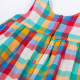A close up of the rainbow check on the Frugi Rosalie Reversible Baby and Toddler Dress. One side features robin readbreast appliques on a Holly green cord with the other side featuring a rainbow coloured check. This dress is a part of a wide range of organic cotton clothing for children available here at Babipur. 